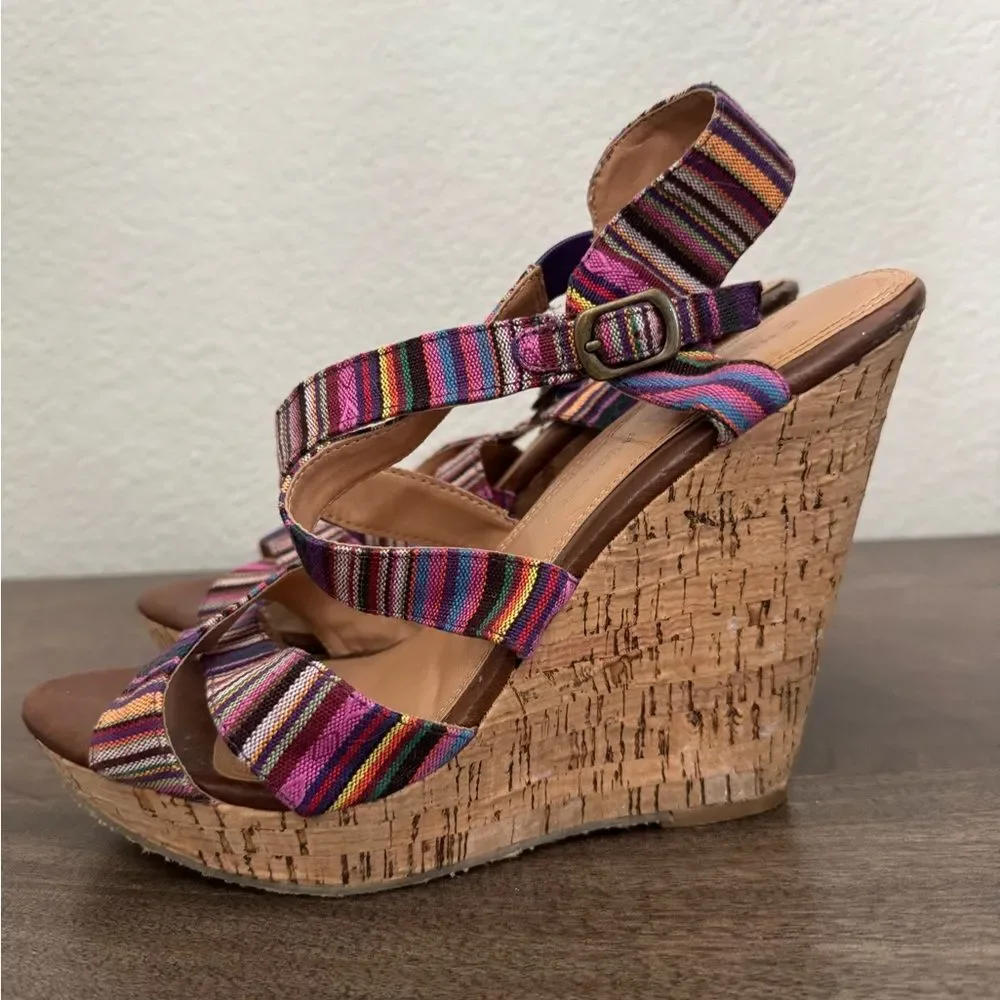 Chinese Laundry Marianne Pink Stripe Boho Multi Cork Wedge Heel Sandals 10